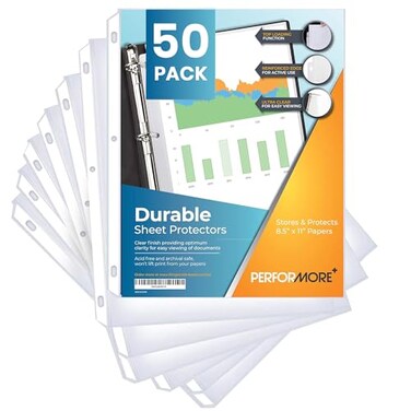 Performore 50 Sheet Protectors, Durable Clear Page 8.5 X 11 Inch for 3 Ring Binder, Plastic Sheet Sleeves, Durable Top Loading Paper Protector with Reinforced Holes, Archival Safe