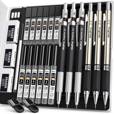 Nicpro 6PCS Art Mechanical Pencil Set, 3PCS Metal Drafting Pencil 0.5 mm &amp; 0.7 mm &amp; 0.9 mm &amp; 3PCS 2mm Graphite Lead Holder (2B HB 2H) For Writing, Sketching Drawing With Lead Refills Case