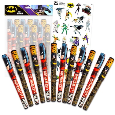 DC Comics Batman Ballpoint Pens Party Favors Set for Kids, Adults - 12 Superhero Pens for Batman Birthday Party Goodie Bag Fillers, Office Supplies, and School Supplies with Stickers
