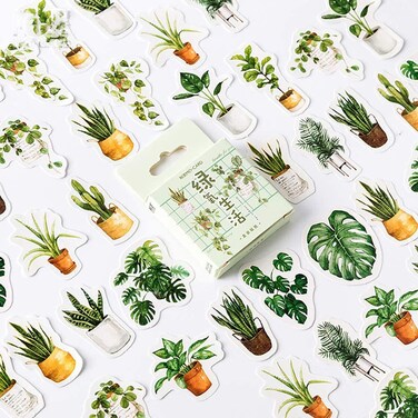 Mini Size Laptop Stickers, 45pcs Doraking DIY Decoration Green Plants Stickers for Laptop Planners Scrapbook Suitcase Diary Notebooks Album, Dimension Less 44mm Including Repeat(Green Life)