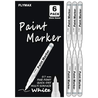 FLYMAX White Paint Pen, 6 Pack 0.7mm Acrylic White Permanent Marker White Paint Pens for Wood Rock Plastic Leather Glass Stone Metal Canvas Ceramic Marker Extra Very Fine Point Opaque Ink