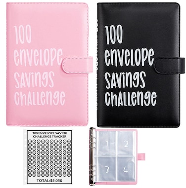 2PCS 100 Envelopes Money Saving Challenge, Envelopes Challenge Binder, Achieving Financial Goals with a Budget Binder and Cash Envelopes, Successfully Reach Your Savings Goals of $5,050 (Pink+Black)
