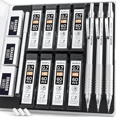 Nicpro 0.7 Metal Mechanical Pencil Set with Case, 3PCS MP1000 0.7mm Artist Lead Pencil With 8 Tube HB Refills, 3 Erasers, 9 Eraser Refill For Architect Art Drafting Drawing Engineering, Sketching