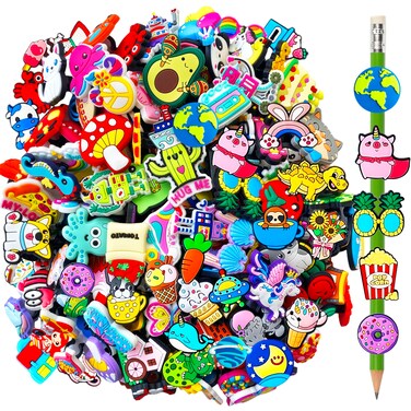 Muiyaneq 100 Pcs Cute Pencil Topper Decoation,Mixed Different Style Lovely Pencil Clips,Bulk Pen Toppers Charm Accessories for Kids,Classroom Rewards Prizes Gift for Students
