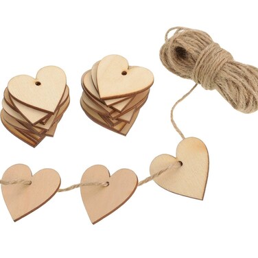 Outus 100 Pieces Wooden Blank Hearts for Crafts 1.57 Inch Wood Unfinished Hearts with Holes with 32.81 ft/ 10 Meter Hemp Rope for DIY Valentine Arts Wedding Card Making Crafts Decoration
