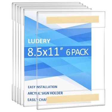 Ludery Acrylic Sign Holder 8.5 x 11 Wall Mount, Wall Mount Sign Holders, Clear Acrylic Frame with 3M Tape Adhesive, Plastic Wall Sign Holder for Office, Home, Restaurant-Vertical (6 Pack)