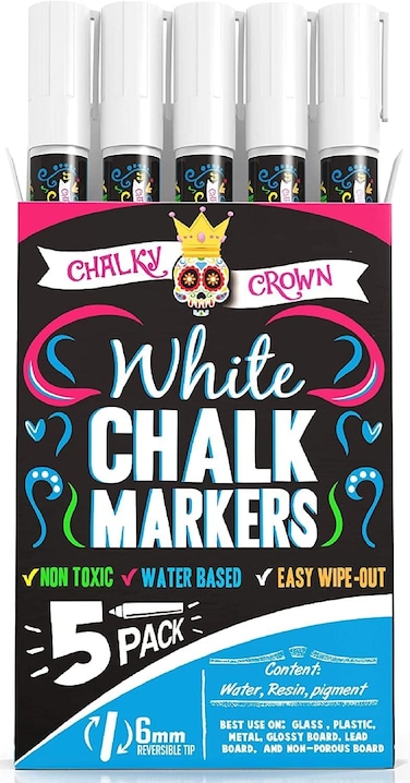CHALKY CROWN Liquid Chalk Marker Pen - White Drawing Chalk - Chalkboard Markers for Chalkboard Signs, Windows, Blackboard, Glass - 6mm Reversible Tip (5 Pack)