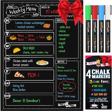 Magnetic Dry Erase Menu Board for Fridge Includes 4 Liquid Chalk Markers - Weekly Meal Planner Blackboard, Grocery List and Notepad for Kitchen Refrigerator - Chalkboard Magnet