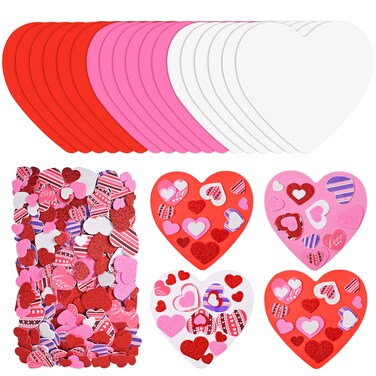 388 Pcs Valentine's Day Foam Heart Stickers Kit Includes 18 Pcs Colorful Large Foam Hearts and 370 Pcs Colorful Glitter Self-adhesive Heart Foam Stickers for Valentine's Day DIY Craft Supplies