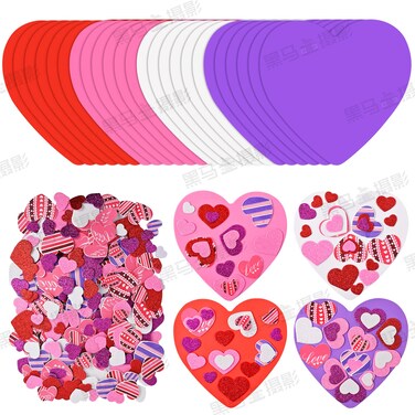 386 Pcs Valentine's Foam Heart Stickers Kit Includes 370 Pcs Glitter Self-Adhesive Heart Foam Stickers and 16 Pcs Colorful Large Foam Hearts for Valentine's Day Wedding DIY Craft Supplies