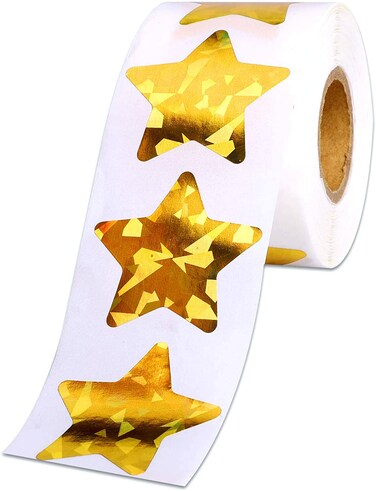 1.5" Large Holographic Gold Star Stickers for Kids Reward, 500 Pcs Foil Star Metallic Stickers Roll for Behavior Chart, Student Planner and School Classroom Teacher Supplies