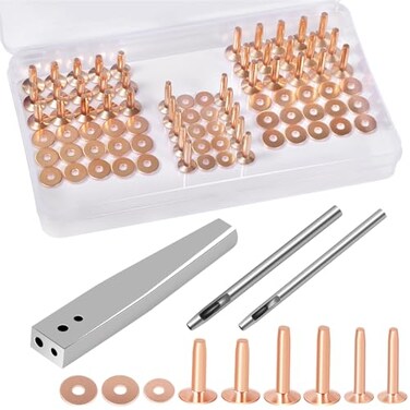 JUNESunShine 84Pcs, Copper Rivets and Burrs, #9 and #12 Burrs Setter, Leather Rivets Fastener Install Setting Tool with 4mm Leather Hole Punch Cutter for Belts Wallets Collars Leather Working Supplies