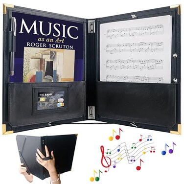 IvyRobes Choral Music Holder with Elastic String PU Leather Sheet Music Folder with Hand Strap,12.5" x 10" Piano Music Binder Choir Book,10 Pockets for Sheets Fits Size 8.5 * 11,A4,9x12,Black