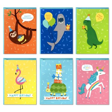 Hallmark Birthday Cards for Kids Assortment, 48 Cards with Envelopes (Dinosaurs, Sloths, Unicorns, Flamingos, Turtles, Sharks)