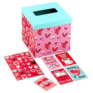 Hallmark Valentines Day Cards and Mailbox for Kids School Classroom Exchange, Doodle Hearts (1 Box, 32 Valentine Cards, 35 Stickers, 1 Teacher Card)