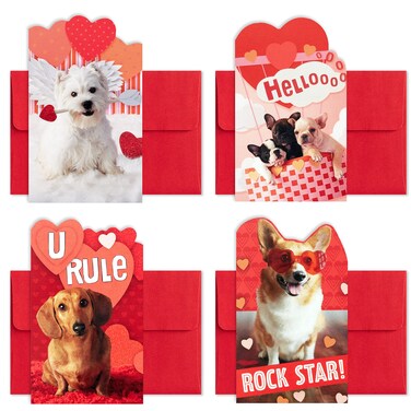Hallmark Mini Valentines Day Cards and Stickers for Kids School, Dogs (32 Classroom Valentines with Envelopes)