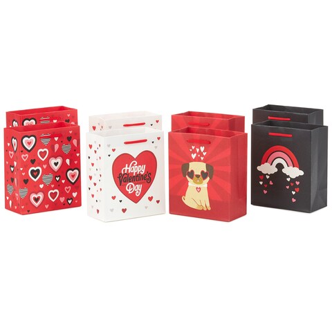 Hallmark 6&quot; Small Valentine&#39;s Day Gift Bags (8 Bags, 4 Designs: Hearts, Rainbows, Pug Puppy) for Kids, Classroom Parties, Galentines Day