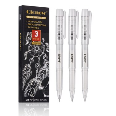 Qionew White Gel Pen Set, 3 Pack, 1mm Gel Ink Pens Opaque White Archival Ink Pens for Black Paper Drawing, Sketching, Illustration, Card Making, Bullet Journaling
