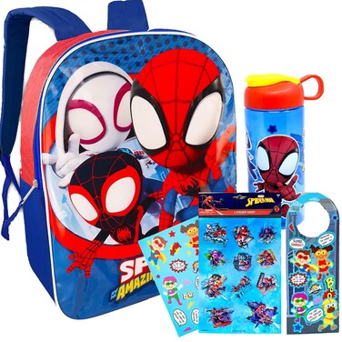 Spiderman Backpack for Boys 4-8yrs w/Padded Straps &amp; Large Compartment - Kindergarten Backpack for Boys, Includes Spidey Water Bottle, 3D Puffy Stickers &amp; More - Toddler Spiderman Backpack, Medium