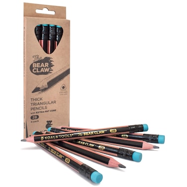 KOALA TOOLS   Bear Claw Pencils 1-Pack (6 Pencils) - Fat, Thick, Strong, Triangular Grip, Graphite, 2B Lead with Eraser - Suitable for Kids, Art, Drawing, Drafting, Sketching &amp; Shading