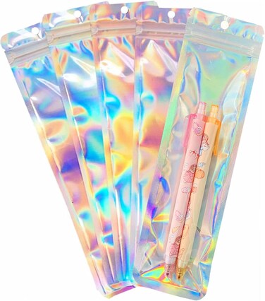 100pcs Foil Pen Bags Holographic Beadable Pen Packaging Clear Bead Pen Packaging Bags for Small Business 2.4x9 inch Resealable Mylar Bags for Beaded Pens