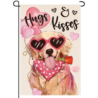 12 x 18 Inches Hugs and Kisses Valentine's Day Garden Flag Decorations - Double Sided Vertical Burlap Dog with Hearts Printed Holiday Yard Flag Indoor Outdoor House Garden Patio Lawn Party Supplies