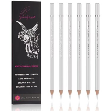 GETHPEN Professional White Charcoal Pencils Set - 6 Pieces Sketch Highlight White Pencils for Drawing, Sketching, Shading, Blending, White Chalk Pencils for Beginners &amp; Artists