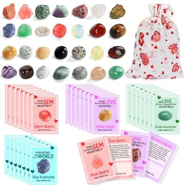 Valentines Day Cards for Kids, 28 Sets Valentines Day Cards Natural Gemstone Crystals Rocks Minerals Bulk, Valentine Exchange Card for Kids Girls Boys School Class Classroom Cards Party Favors