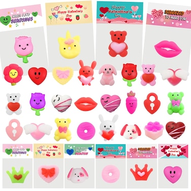 24 Pack Valentines Day Gifts Card with Mochi Squishy Toys Mini Cute Squeeze Toy Stress Reliever Anxiety Packs for Kids Girls Boys Valentine's Party Favor Valentines Day Cards Gift(Valentine's Day)