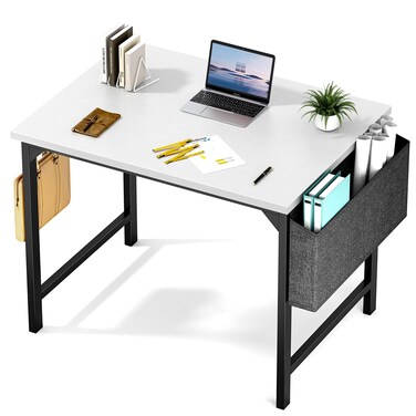 Sweetcrispy Computer Desk - 32 Inch Small Office Writing Work Study Kids Student Teacher Home Bedroom Table Storage Bag Headphone Hooks &amp; no Wheels - White