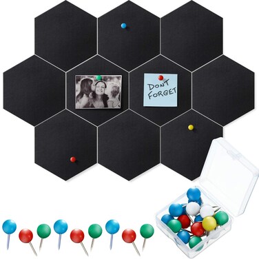 Outus 10 Packs Pin Board Hexagon Felt Board Tiles Bulletin Board Memo Board with 20 Pieces Push Pins, Decoration for Home Office Wall(5.9 x 7 Inches/ 15 x 17.7 cm,Black)