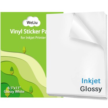 Weliu Printable Vinyl Sticker Paper for Inkjet Printer - Glossy White - 21 Waterproof Decal Paper Self-Adhesive Sheets 8.5"x11"- Dries Quickly and Holds Ink Beautifully