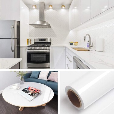 Livelynine Glitter Glossy White Contact Paper Kitchen Cabinet Wallpaper Peel and Stick Counter Top Adhesive Waterproof Contact Paper for Countertops Removable Vinyl Wrap for Furniture 15.8 x78.8 Inch