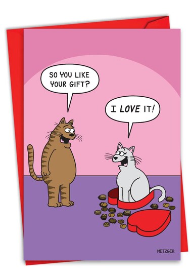 NobleWorks, Funny Card for Valentine's Day - Animal Love, Cute Valentines Card with Envelope - Cat In Candy C3171VDG