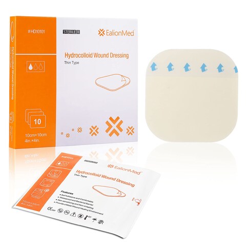 Hydrocolloid Bandage, Hydrocolloid Wound Dressing Thin Type 4&#39;&#39; x 4&#39;&#39; for Light Exudate Wound, Pressure Ulcer, Bed Sore, Surgical Wound,Superficial Wound, 10 Pack by EalionMed