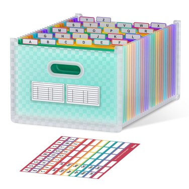 ThinkTex 26 Pockets Accordion File Organizer, Upright &amp; Open Top, A-Z Colorful Tabs, Larger Capacity Expanding File Folder, Letter/A4 Size for School, Home and Office - Green
