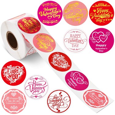 Outus 500 Pcs Valentine Stickers Valentines Day Decoration Love Stickers Rolls Happy Valentine's Day Sticker Gift Box Envelope Wedding Stick Sticker for Party Gift Exchange Sealing Decorative Sticker