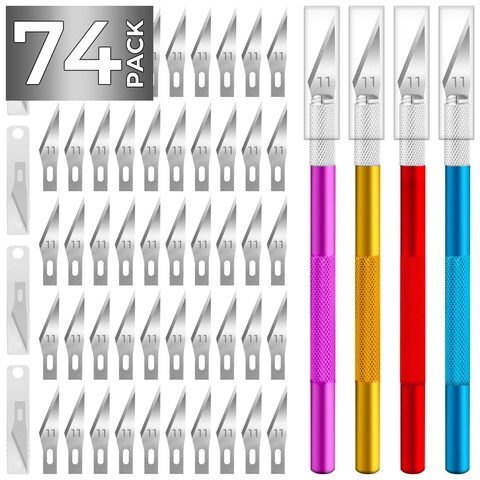 JTIEO 74 Pack Hobby Knife Exacto Knife with 4 Upgrade Sharp Hobby Knives and 70 Spare Craft Knife Blades for Art, Scrapbooking,Stencil