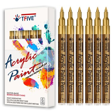 Gold Marker Paint Pens - 6 Pack Acrylic Gold Permanent Marker, 0.7mm Extra Fine Tip Paint Pen for Art projects, Drawing, Rock Painting, Stone, Ceramic, Glass, Wood, Plastic, Metal, Canvas DIY Crafts