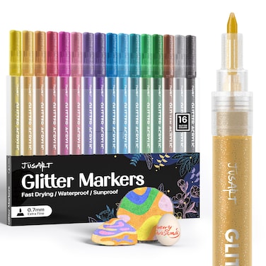16 Colors Acrylic Glitter Markers Pen, Glitter Paint Pens, 0.7mm Fine Point Tip Metallic Shimmer Marker, Kids Adults DIY Crafts Making, Greeting Birthday Cards Present, Drawing, Scrapbooking Supplies