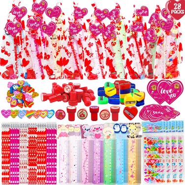 Valentines Day Gifts for Kids Classroom, 28 Packs Valentines Day Stationery Set with Pencils, Erasers, Rulers, Sharpeners, Cards for Kids Valentines Day Classroom Exchange, Valentine Party Favors