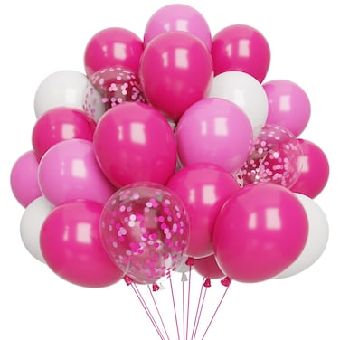 Thomtery Pink Confetti White Balloons, 50pcs 12 inch Latex Balloons for Birthday Party, Valentine's Day Decorations
