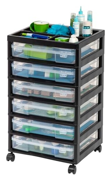 IRIS USA Fits 12" x 12" Paper, 6-Tier Scrapbook Rolling Storage Cart with Organizer Top for Papers Vinyl Tools Office Art and Craft Supplies, Yarn, Black Frame with 6 Clear Cases w/ Built in Handle