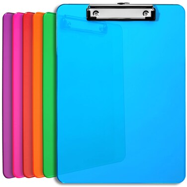 Plastic Clipboards with Low Profile Clip Set of 6-12.5 x 9 Inch Multi Color Plastic Clipboards Bulk - Clear Clipboards Bulk Classroom Holds 100 Sheets, Acrylic Clipboard Clear 6 Pack