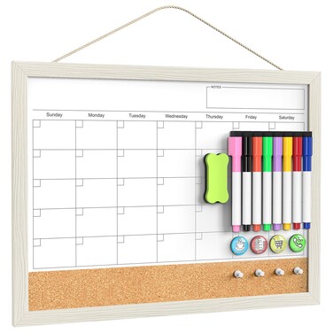 Calendar Whiteboard for Wall, TANKEE 17"x13" Whiteboard Calendar Cork Board Combo, Magnetic White Board Monthly Calendar with Wood Framed, Hanging Dry Erase Board for Kitchen Home Office Planner