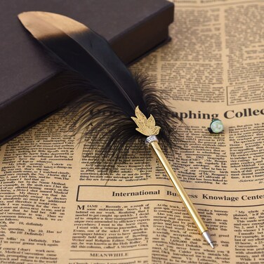 Quill Pen Vintage Feather Calligraphy Pen Refined Quill Ballpoint for Writing Signature or Gift Wedding Bridal (Black)