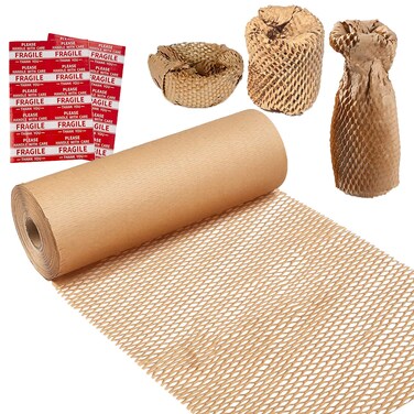 Honeycomb Packing Paper,12" W x 200' L Bubble Cushioning Wrap for Moving,Products &amp; Gifts Wrapping Paper,Recyclable and Biodegradable Cushioning Packing Material with 20 Fragile Sticker Labels