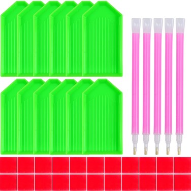 QYING 39PCS 5D Diamond Art Painting Tools and Accessories Kits,with 12 Plastic Diamond Art Painting Trays,22pcs Glue Clay,5 Diamond Art Painting pens,Diamond Art Painting DIY Accessories