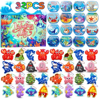 32 PCS Valentines Day Gifts for Kids,Valentines Cards for Kids Classroom with Sea Animal Pop Fidget Toys,Valentines Exchange Gifts for Kids Classroom,Valentines Party Favors for Boys Girls