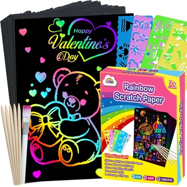 ZMLM Arts Crafts Gifts for Kids: 60PCS Rainbow Scratch Paper Art for Girls and Boys Ages 4-8 8-12 Craft Supplies Kit, Easter Basket Stuffers for Kid Toys Games Activities Valentines Day Gift (Pink)